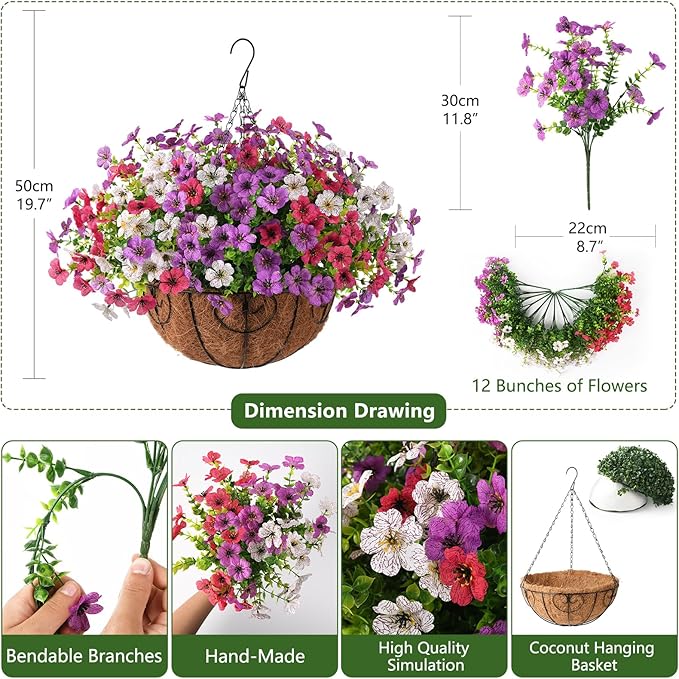 Artificial Faux Hanging Flowers Plants with Basket for Outdoor Spring Decoration, Fake Silk Daisy Outside Indoor UV Resistant Look Real Yard Patio Front Porch Garden Balcony Home Decor(Mix4)