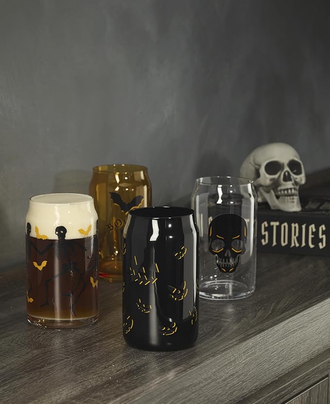 Oneida Barware, Vintro Halloween Can Cooler Glasses, Set of 4, Dishwasher Safe, Made of Glass, Spooky Drinking Glasses Set, Halloween Decor Indoor, Skeletons and Bats Design (4 Piece, 16 Oz Capacity)