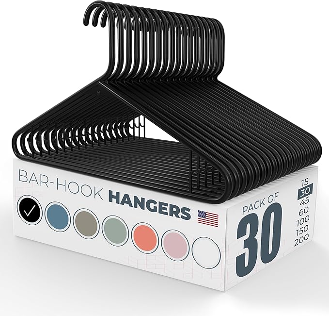 Neaties Plastic Hangers 30 Pack – Made in The USA – 6lb Capacity Standard Clothes Hangers with Strap Hooks for Dresses, Lingerie, Shirts, Pants, and Jackets – Black