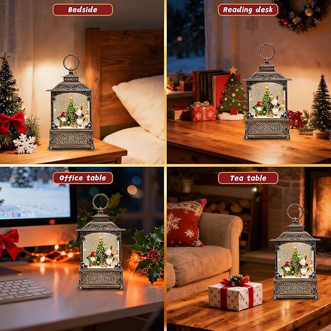 Musical Elf Christmas Tree Snow Globe - Electric Plastic Christmas Snow Globe Lantern, Lighted Glitter Globe with Swirling Sparkle and LED Lights, Holiday Decoration and Xmas Gift