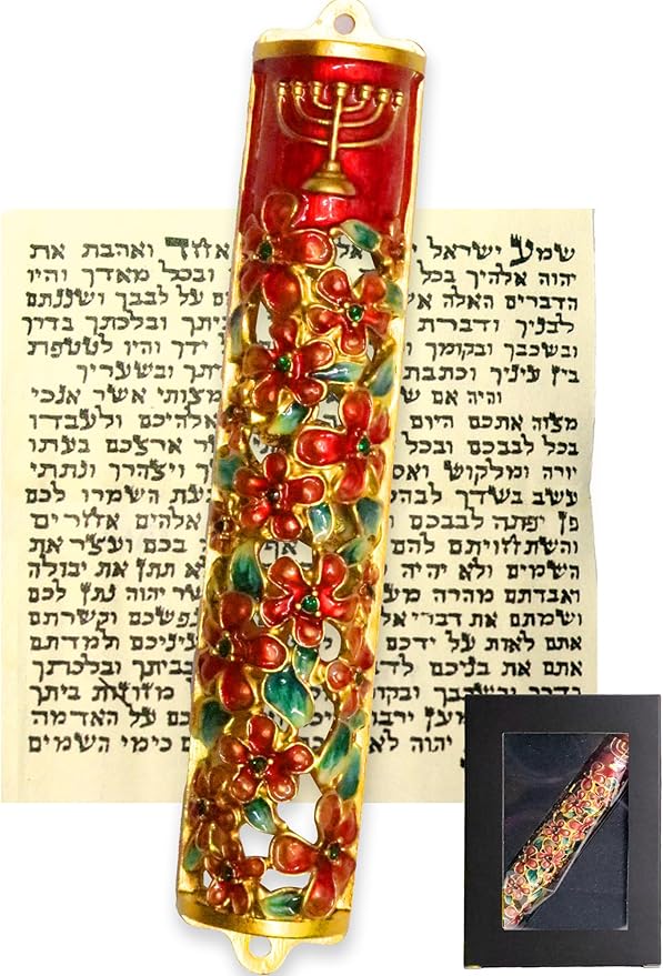 5.1” Exquisite Enamel Design Mezuzah with Scroll, Install in 15s w/Included Tape, or Permanently w/provided Screws, Blessing Red Bloom Mezuzah for Door for Any Memorable Jewish Occasions