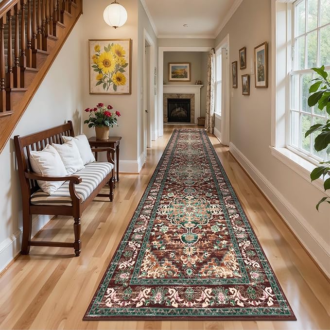 U'Artlines 3' x 16' Boho Hallway Runner Rug, Rust Non Slip Washable Vintage Farmhouse Accent Rug Carpet for Kitchen Entryway Laundry and Living Room (Rust＆Teal)
