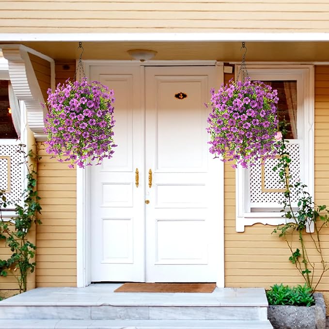 Homsunny Artificial Fake Hanging Plants Flowers Baskets for Outdoor Outside Spring Decor,Faux Silk Daisy UV Resistant Look Real Summer Decorations for Home Porch Patio Yard Garden(Purple