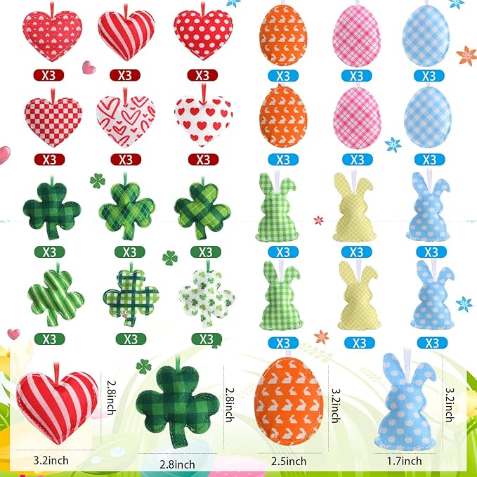 Jutom 54 Pcs Easter Egg Rabbit Ornaments Shamrock Felt Heart Hanging Ornaments Heart Shaped Clover Baubles Shamrock Egg Felt Decoration for Holiday Favor (Lovely)
