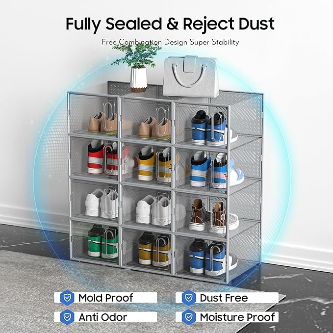 eWonLife Large Shoe Organizer Storage Box with Magnetic Door,12 Pack Clear Plastic Stackable Sneaker Containers for Closet, Connect Left and Right Shoe Box for Entryway, Drop Front, Under Bed (Grey)