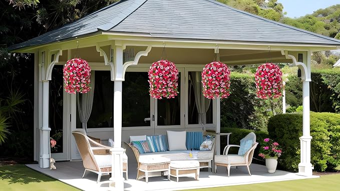 Artificial Flowers with Hanging Basket, Outdoor Faux Plants Silk Morning Glory Vines, Fake Green Arrangement for Garden Patio Spring Summer Decor(Hot Pink)