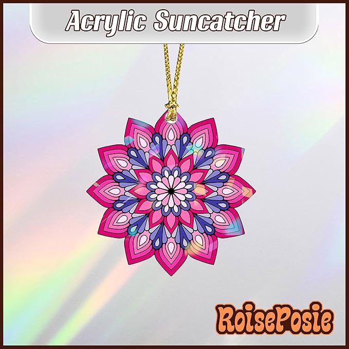 Mandala Flower 4" Vinyl Holographic Hanging Christmas Ornaments - Christmas Decoration for Home, Sun Catcher Gift, Christmas Tree Decor, Aesthetic Suncatcher Decor Gift for Women Man Friend