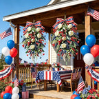2 Pack 21'' Patriotic Teardrop Swag Wreaths for Cabinets Artificial 4th of July Swag Wreath with White Roses Red Blue Spike Flowers Eucalyptus Leaves for Independence Day Memorial Day Front Door Porch