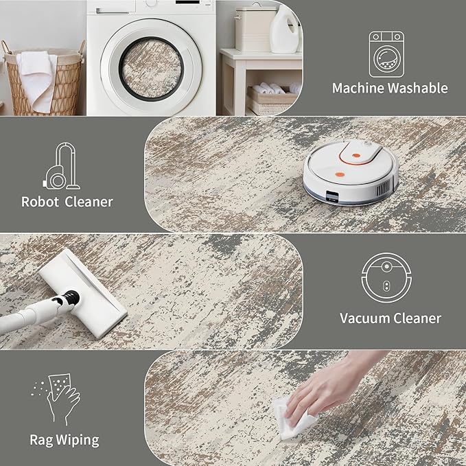 Ciicool 2'6"x10' Washable Runner Rug, Modern Abstract Hallway Rugs Runner, Non-Slip Thin Accent Rug Lightweight Grey Brown Distressed Carpet Runners for Laundry Entryway Bedroom Kitchen Indoor