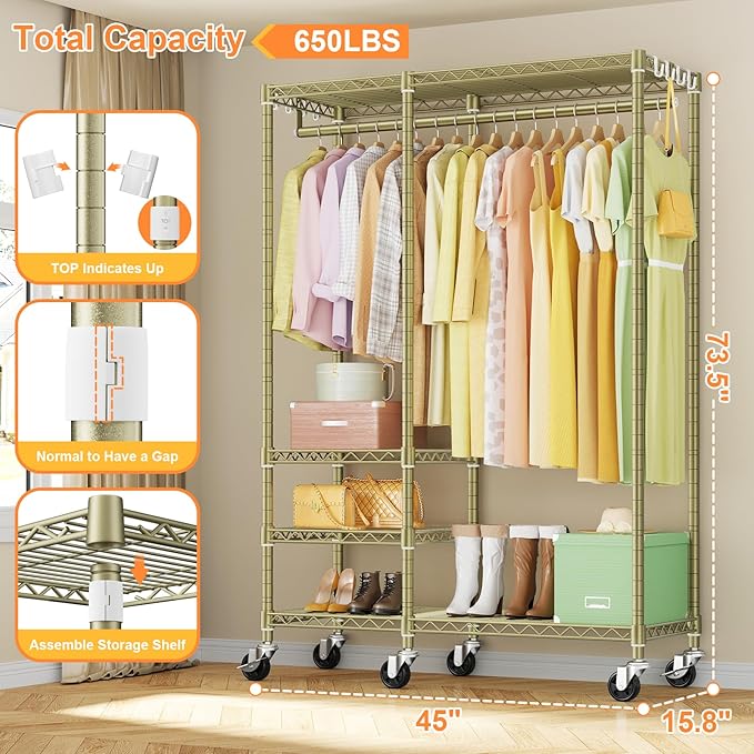 Ulif F4R Heavy Duty Clothes Rack(With Lockable Wheels )Rolling Clothing Racks for Hanging Clothes，Adjustable Closet Organizer System，Portable Garment Rack 45"W x 15.8"D x 73.5"H，Max Load 650LBS,Gold