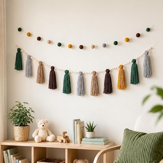 Syhood 3 Pcs Boho Tassel Garland Wall Hanging Decor 1 Boho Tassel Garland with Wood Beads and 2 Western Colorful Pom Pom Ball for Classroom Party Wedding Baby Shower Home Decorations(Elegant Colors)