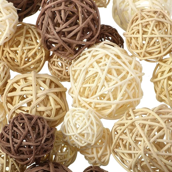 Patelai 36 Pcs Wicker Rattan Balls Decorative Balls for Vase Centerpiece Bowls Orbs Filler for Home Decor,4 Sizes(White, Wood Color, Light Tan, Coffee,2.4'',2'',1.6'',1.2'')