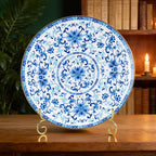 Decorative Plates Set for Display, Blue and White Ceramic Plate Decor with Stand, Handmade Vintage Porcelain Ornament for Table, Living Room, Kitchen, Perfect Chinese Style Dish Gift (8in+10in)