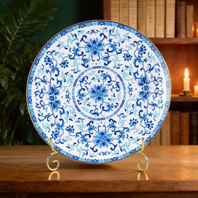 Decorative Plates Set for Display, Blue and White Ceramic Plate Decor with Stand, Handmade Vintage Porcelain Ornament for Table, Living Room, Kitchen, Perfect Chinese Style Dish Gift (8in+10in)