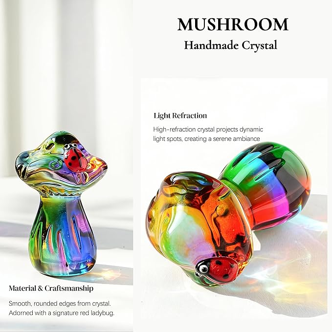 H&D HYALINE & DORA Cute Crystal Mushroom Figurine Mini Colorful Mushroom Ladybug Figurines for Fairy Garden Terrarium Accessories Decor