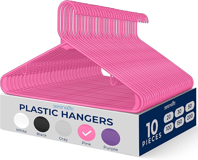SereneLife Premium 10 Pack Plastic Hangers, Lightweight, Durable, Space Saving Clothes Organizers, Suitable for Shirts, Sweaters, Hoodies, Dresses, Kids Clothes, Good for Home Organization (Pink)