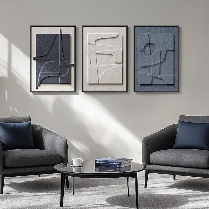 3D Textured Framed Blue and White Abstract Wall Art, 3 Piece Modern Artwork for Walls, Minimalist Navy Blue Geometric Wall Paintings for Living Room, Bedroom, Dining Room, Office Wall Decor 16x24 In