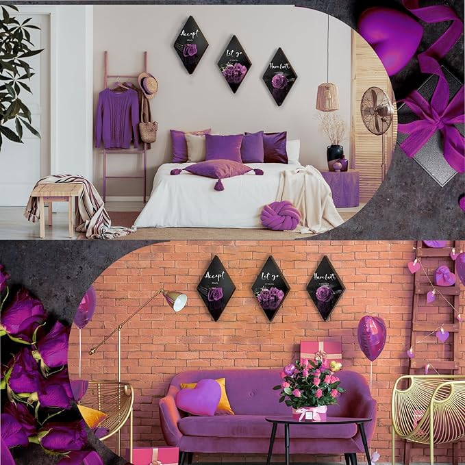 ZINYAZHE 3 Pcs Purple Wall Decor Inspirational Rose Bathroom Decor Wooden Purple Wall Art Office Wall Decor with Accept Let Go Have Faith Sign for Girl Women Living Room Bedroom(12 x 7 Inch)