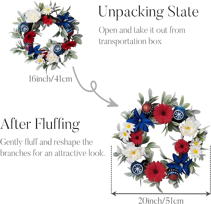 Valery Madelyn 20 Inches 4th of July Wreath for Front Door with Lights, Red White Blue Patriotic Floral Wreath Memorial Day Decorations with Ball Ornaments for USA 250th Anniversary Summer