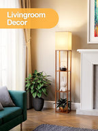 Floor Lamp with Shelves for Living Room Walnut Brown, Shelf Floor Lamp with 3 CCT LED Bulb, Corner Display Standing Column Lamp Etagere Organizer Tower Nightstand with White Linen Shade for Bedroom