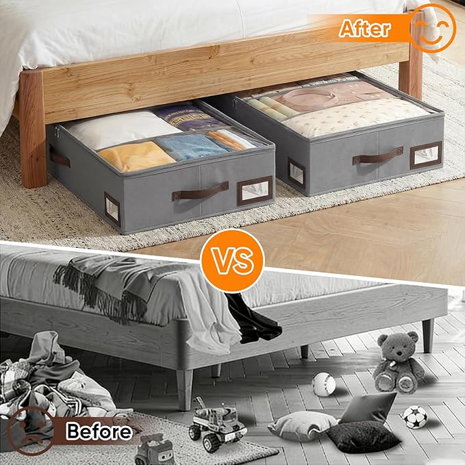 OIAHOMY 2 Pack Under Bed Storage, 6 Inch High Under Bed Storage Containers with Adjustable Dividers, Dual Zippers, &Clear Lid, 38L Under Bed Drawers For Clothes, Blankets, Clothing, & Shoes, Grey