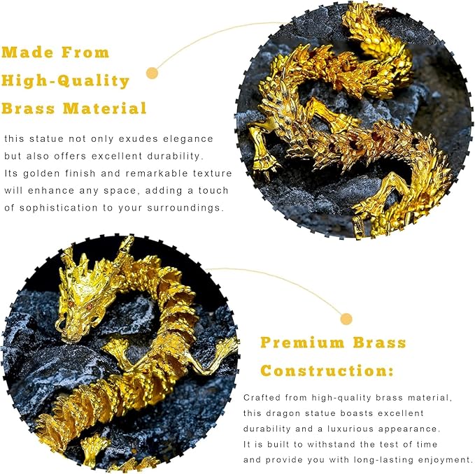 LIYAOLI Golden 3D Articulated Dragon 2024 Chinese Statue - 15 Inch Brass Gold Luck Dragon for Home Office Desk Decoration With Red Gemstone Bead