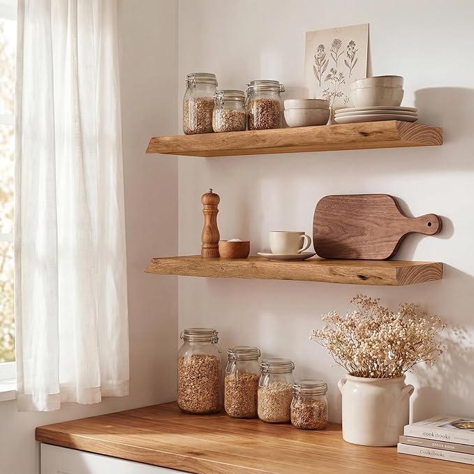 Marsmiles 20 inch Floating Shelves for Wall Elm Wood Live Edge Shelves|Rustic Wall Shelves with Invisible Heavy-Duty Bracket for Bathroom Living Room Kitchen|Natural, 2 Pack