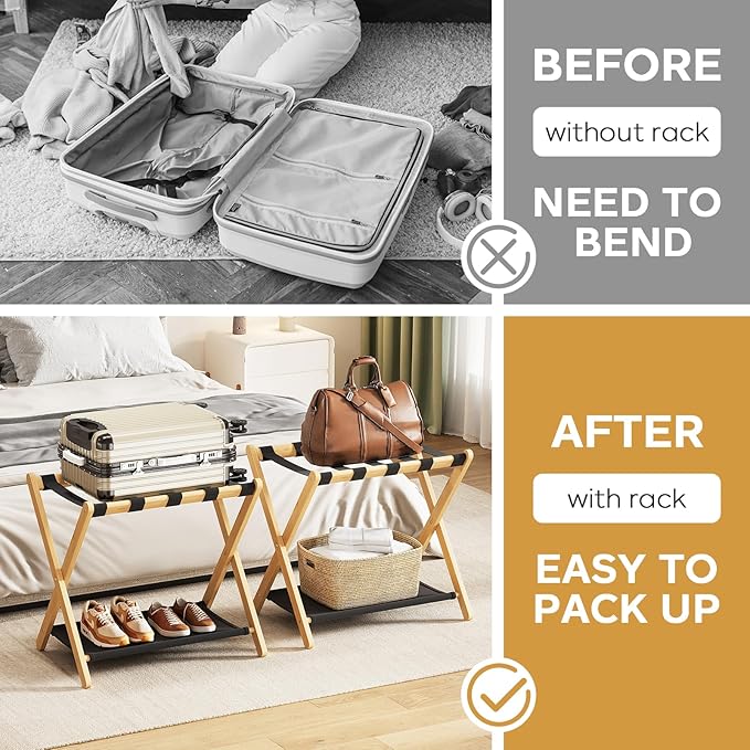 Fully Assembled Luggage Rack, 26.77" Natural Luggage Rack for Guest Room, Bamboo Folding Suitcase Stand with Fabric Storage Shelf, Heavy Duty 5 Nylon Straps Luggage Holder for Hotel, 1 Pack