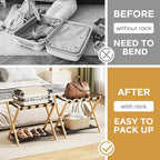Fully Assembled Luggage Rack, 26.77" Natural Luggage Rack for Guest Room, Bamboo Folding Suitcase Stand with Fabric Storage Shelf, Heavy Duty 5 Nylon Straps Luggage Holder for Hotel, 1 Pack