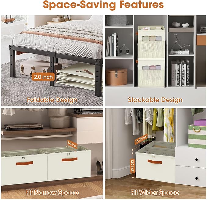 Shoe Organizer for Closet, 2-Pack Foldable Shoe Storage Box with Adjustable Dividers & Clear Cover, Fits 16 Pairs, Beige, Durable and Space-Saving