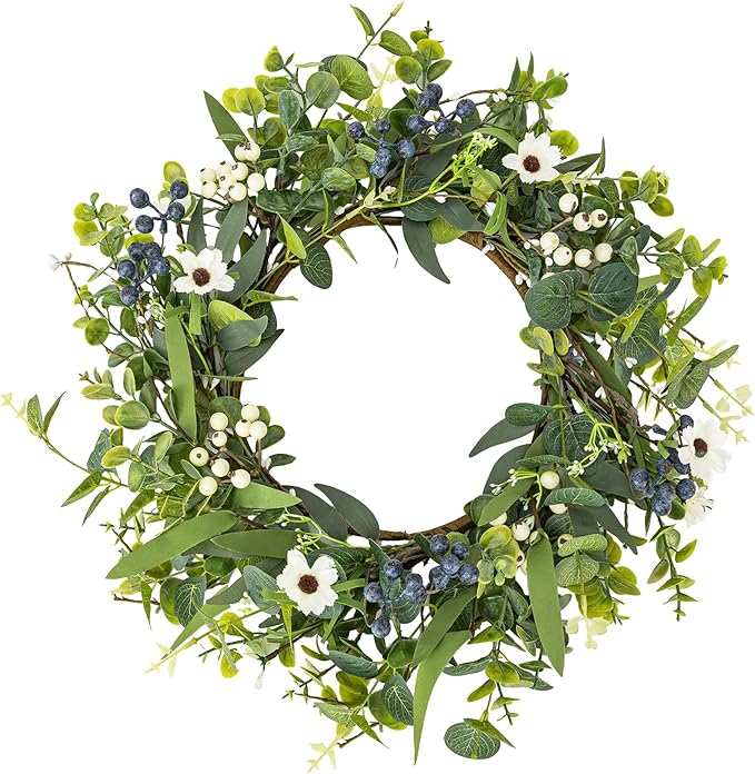 LZNPA 20 Inch Spring Summer Easter Wreaths for Front Door Eucalyptus Wreath with Blue Berries Elegant Durable Greenery Front Door Wreath for Outside Wedding Farmhouse Porch Wall Room Home Decor