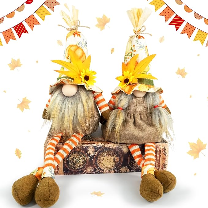 Thanksgiving Decorations – 2PCS Fall Gnomes Plush Shelf Sitters with Dangling Legs, Harvest Gnome Couple for Table Decor, Tiered Tray, Farmhouse Gnomes Gifts for Women