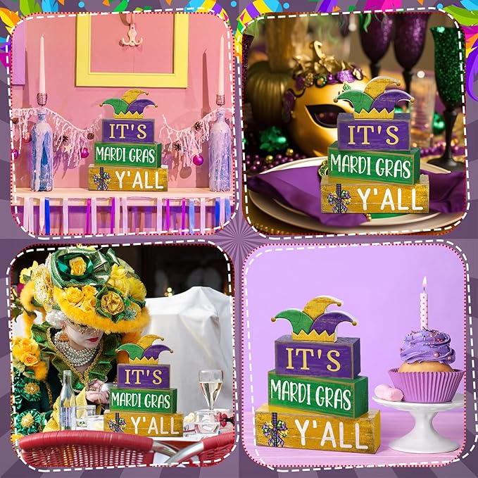 Lineshading 4 Pcs Mardi Gras Table Decorations Wooden Jester Hat Purple Golden Green Carnival Tiered Tray Decor Mardi Gras Centerpieces Decorative Hat Block Signs for Home Masquerade Party Kitchen