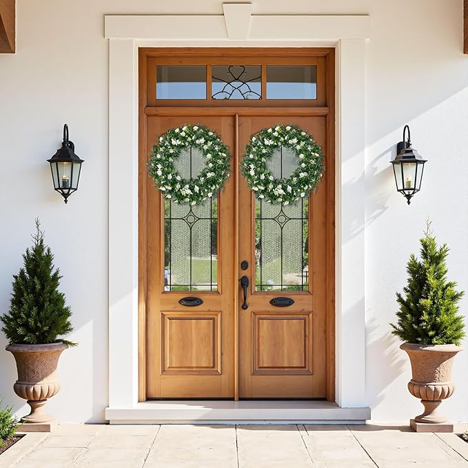 SHACOS Greenery Wreath 15" Artificial Front Door Wreaths Green Wreath with White Flowers for Home Wall Window Farmhouse Decoration 100% Plastic Indoor Outdoor