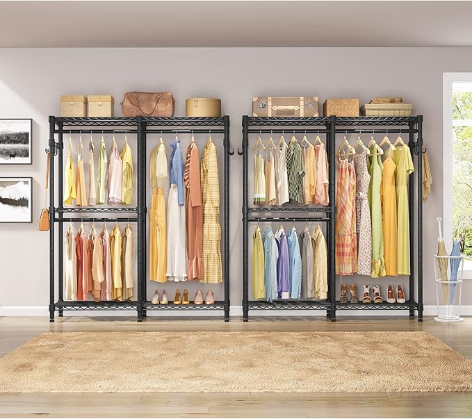 VIPEK V4 Heavy Duty Clothing Rack for Hanging Clothes 810lbs Load Capacity, Double Rod Garment Rack with Adjustable Shelves & Side Hooks, Metal Wardrobe Closet System Easy to Assemble, (Black)