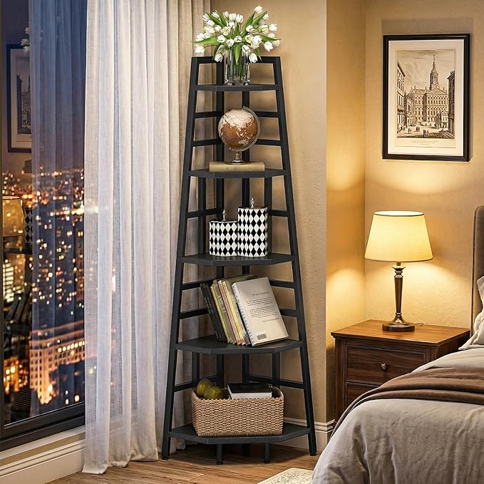 CHOEZON 70.1-Inch 5-Tier Tall Corner Shelf, Narrow Bookshelf for Small Spaces, Industrial Bookcase Display Stand for Living Room, Bedroom, Office, Black TCJ25BB