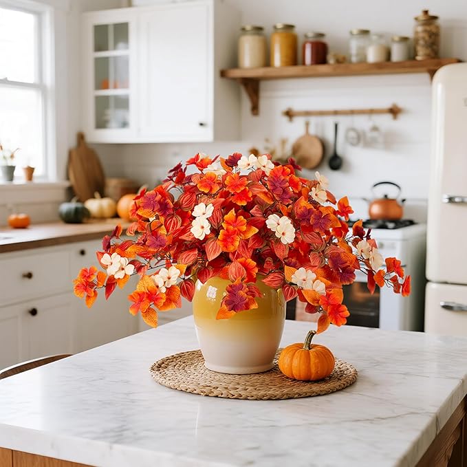 Fake Fall Flowers Artificial for Decoration 2PCS Faux Silk Fall Flowers Plants for Outdoors Outside Planters UV Resistant Looks Real for Front Door Porch Patio Garden Decor