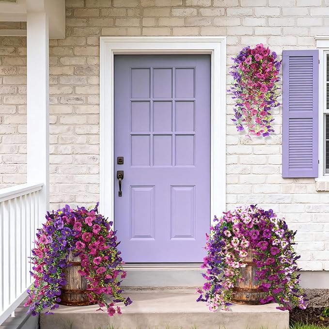 Fake Artificial Flowers for Outdoors, 4 Pcs Faux Hanging Pansy Flowers Spring Summer Decor, UV Resistant No Fade Fake Plants Silk Flower for Planter Front Door Porch Patio Yard Garden(Purple Rose Red)