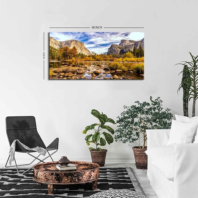 Yosemite National Park Wall Art Nature Landscape Valley Mountain Large Canvas Prints Pictures Autumn Forest Poster Trees Painting River Artwork for Living Room Office Kitchen Home Decoration 24x48”