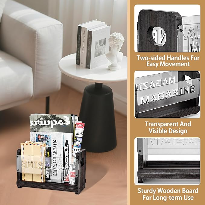 Rustic Wood Magazine Holder, Decorative Magazine Rack Floor, File Folder Organizer for Desk, Book Display Stand for Letters, Mails, Magazines, Books, Newspapers (Black)