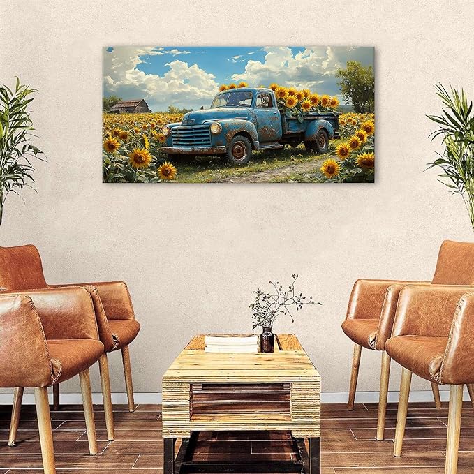 AIYISU Sunflower Wall Art Farmhouse Pictures Wall Decor Vintage Floral Prints Rustic Barn Truck Pictures Country Wildflower Canvas Painting Artwork for Bedroom Living Room Home Decoration 24x48
