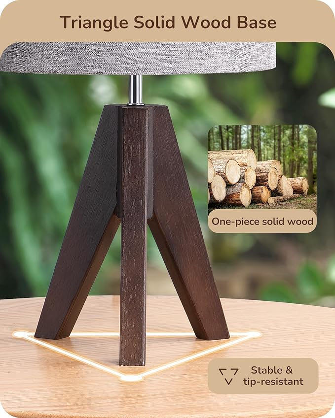 EDISHINE Boho Small Table Lamp, Walnut Color Wooden Tripod Bedside Lamp, Farmhouse Nightstand Lamp for Nursery, Bedroom, Office, Kid Room, Living Room, Grey Linen Lampshade, E26 Socket, 14.2 Inch