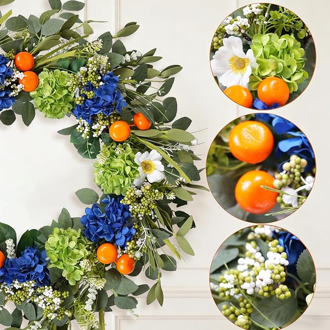 Idyllic 26 Inch Spring Summer Wreath for Front Door - Blue Green Hydrangea Wreath with Orange Berries and White Flowers, Foldable Base for Indoor Outdoor Decor