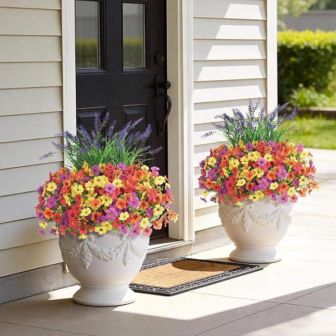 INQCMY Artificial Flowers for Outdoors UV Resistan 12 Pcs Silk Daisies with Eucalyptus Leaves and 2 Pcs Lavender Suitable for Porch Balcony Courtyard Garden (Red Lotus Orange Yellow Red)