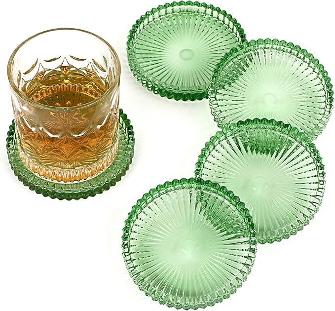 Modern Clear Coaster Set of 5- Glass Coasters for Drinks Crystal Coasters Round Cup Coaster Coffee Table Decor for Office, Kitchen, Bar, Dining Room, Living Room, Patio(Clear Green)