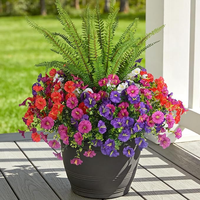 Artificial Flowers for Outdoors Faux Plants Outside Indoor,UV Resistant Silk Fake Petunia Tall Ferns for Home Patio Garden Back Yard Front Poch Decor Spring Summer(13 Bunchs,4 Multi Colors)