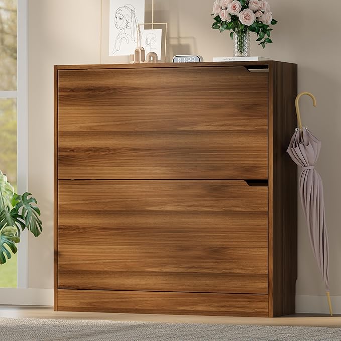 Shoe Cabinet with 2 Flip Drawers, Slim Narrow Shoe Storage Cabinet, Freestanding Shoe Organizer with Adjustable & Removable Shelves, Top Display Shelf for Entryway, Hallway, Foyer, Closet