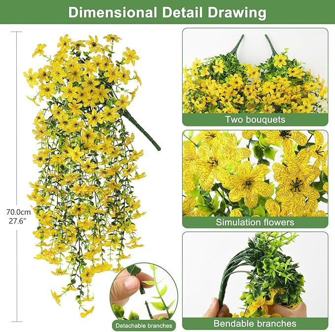 Artificial Fake Hanging Flowers Plants for Outdoor Spring Decoration,2 PCS Faux Silk Daisy with Eucalyptus Leaves,UV Resistant Look Real for Outside Home Indoor Planter Porch Patio Balcony Yard Decor