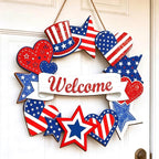Wooden 4th of July Decorations Patriotic Wreaths for Front Door Independence Day Decorations Star Sign Welcome Memorial Day Hanging for Home Wall Decor Outdoor Indoor Red White and Blue Wreath