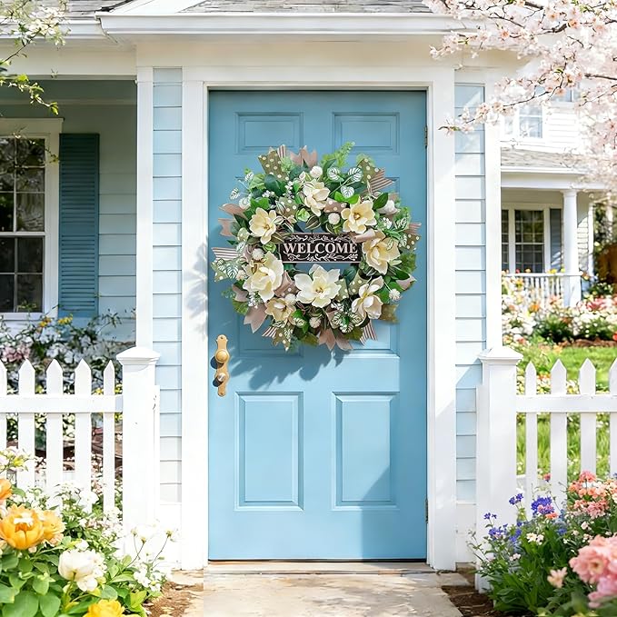 Spring Summer Wreaths for Front Door Outside 26 Inch, Magnolia Summer Wreath with Ribbons and Welcome Sign, Farmhouse Outdoor Spring & Summer Door Wreath for Front Door, Neutral Floral Decor